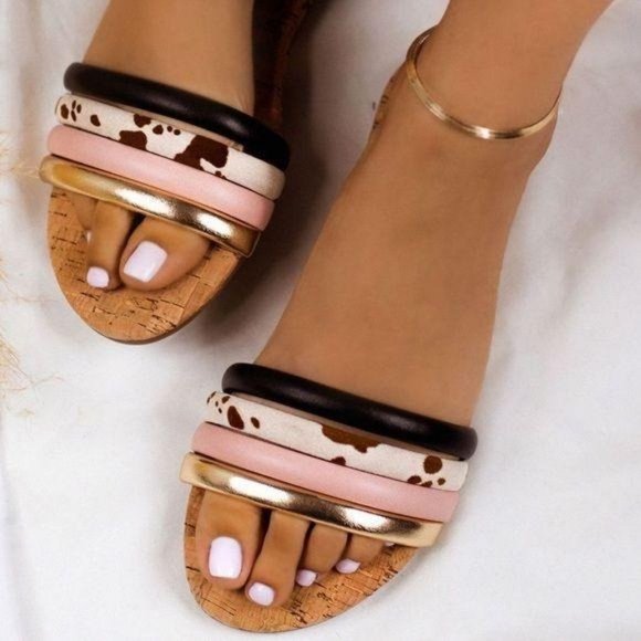 Puffy Strap Slide Sandals in Multi Cow Print - Picture 7 of 9